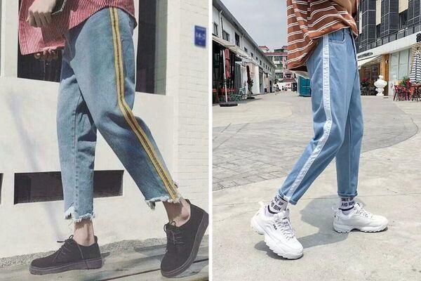 Quần kẻ sọc chất liệu jean