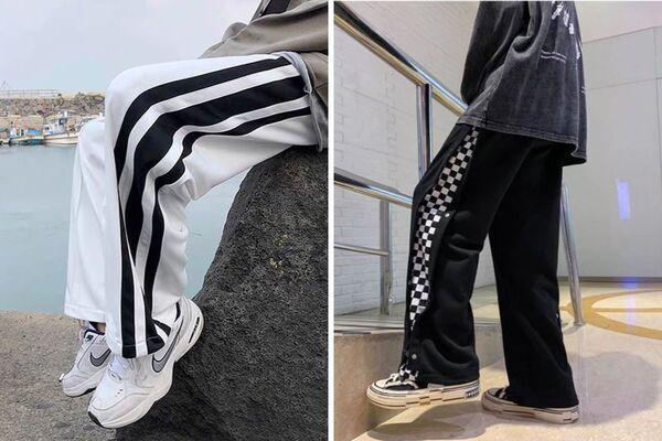 Quần kẻ sọc ống rộng và sneaker