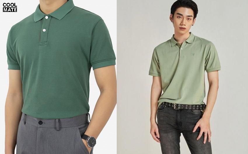 Kết hợp áo polo xanh lá cây với quần đen, xám và xanh navy