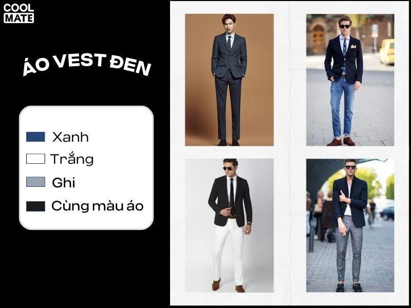 Cách phối màu áo vest nam đen với quần