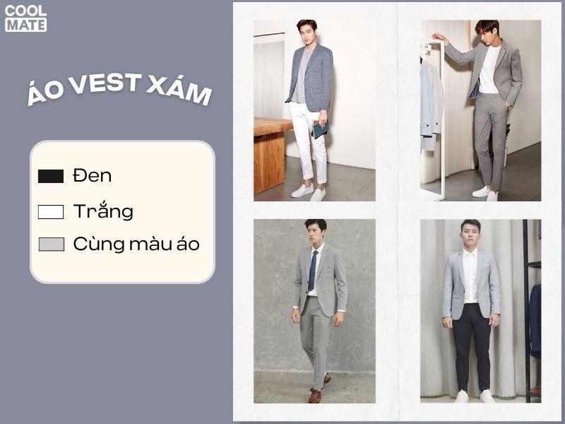Cách phối áo vest nam màu xám với quần