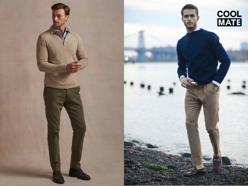 Booth cao cổ v&agrave; &aacute;o len, quần kaki tối m&agrave;u