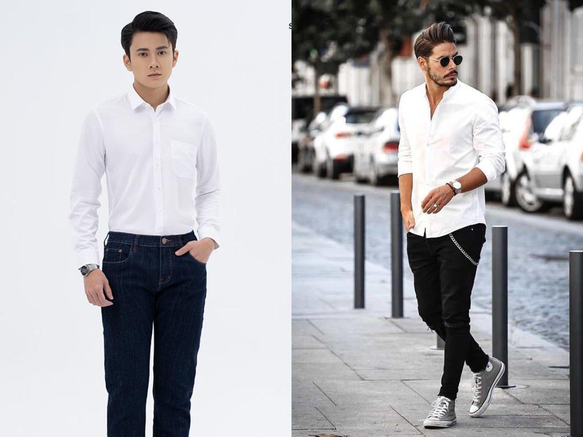 Sơ mi trắng và quần jeans tối màu, tạo ấn tượng lịch sự khi hẹn hò