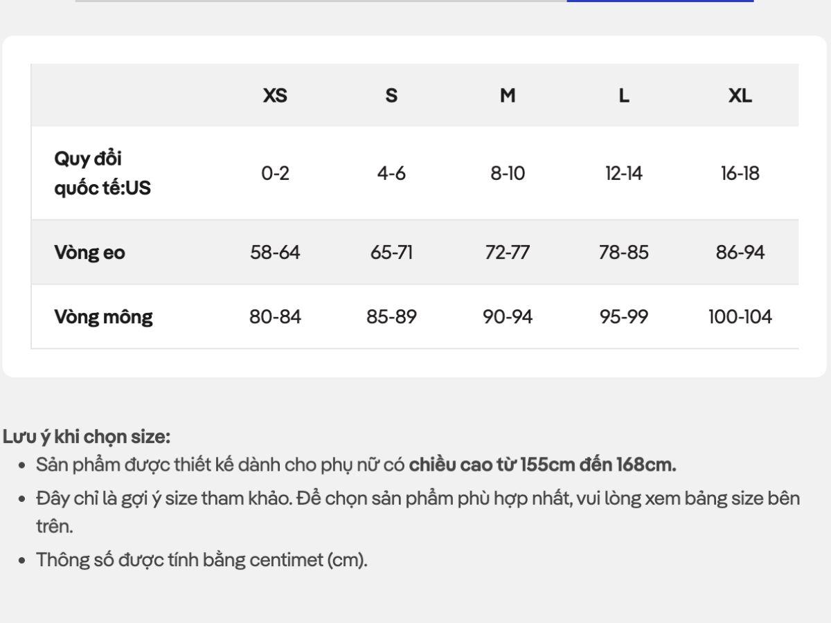 Bảng size quần legging nữ Coomate (tham khảo)