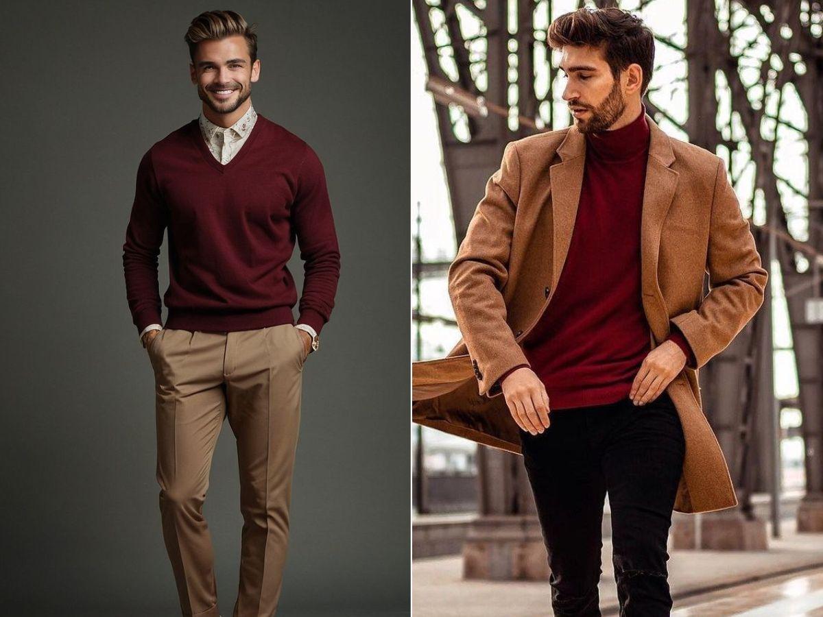 Đỏ đô phối với nâu là công thức phối đồ ấm áp, vintage cho nam