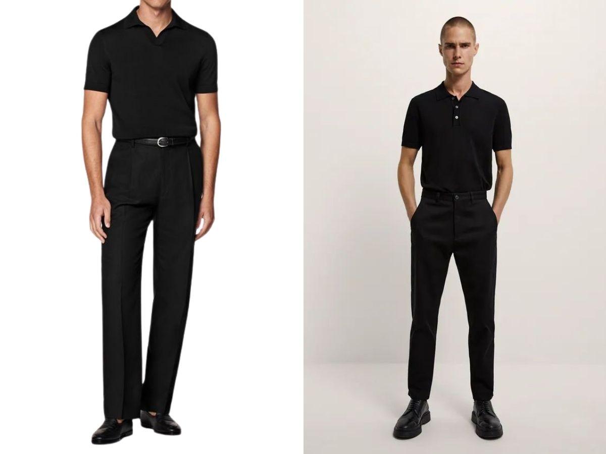 Phong cách all black cùng áo polo, quần tây và giày loafer