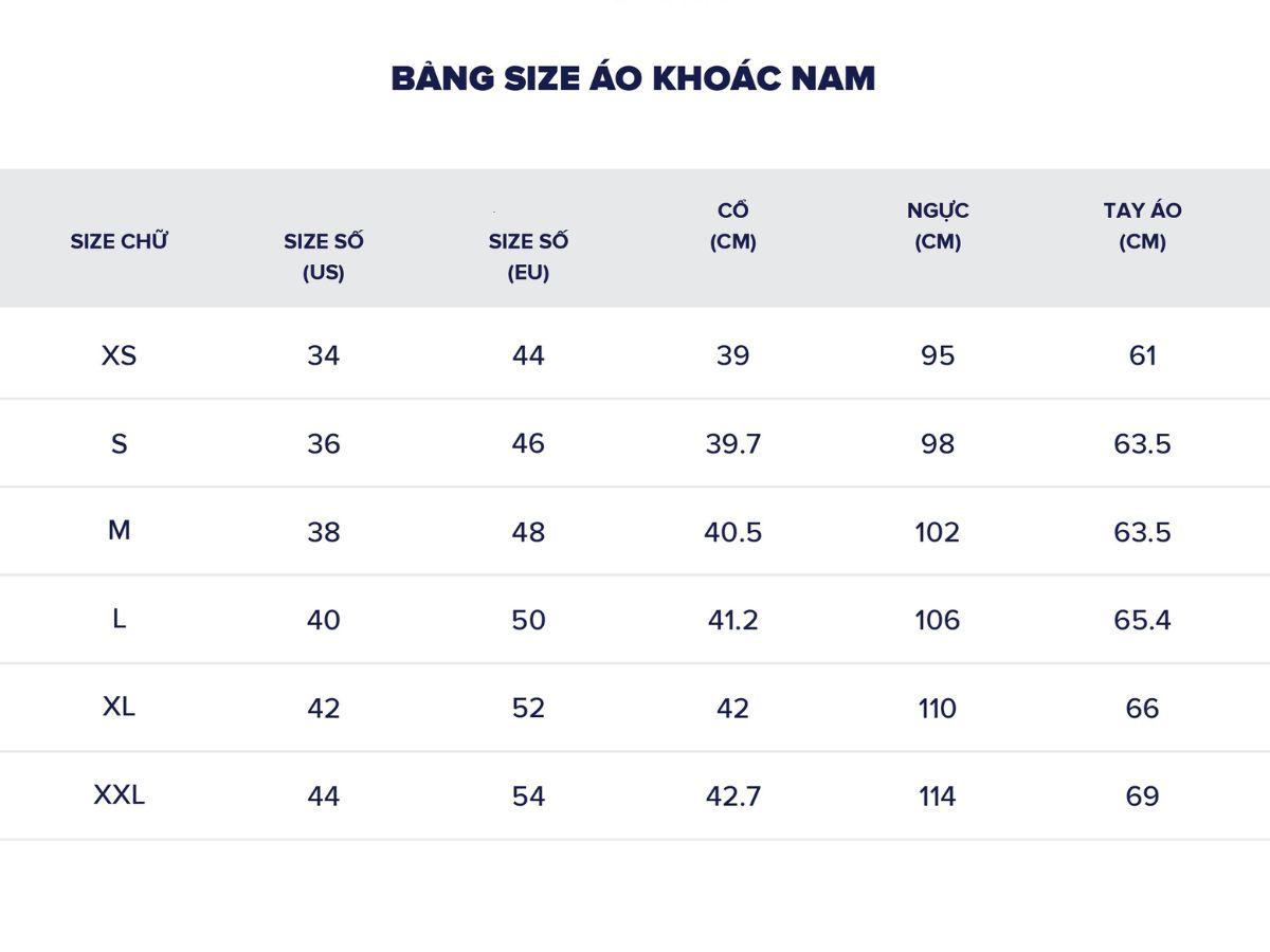 Bảng size tham khảo áo khoác cardigan nam