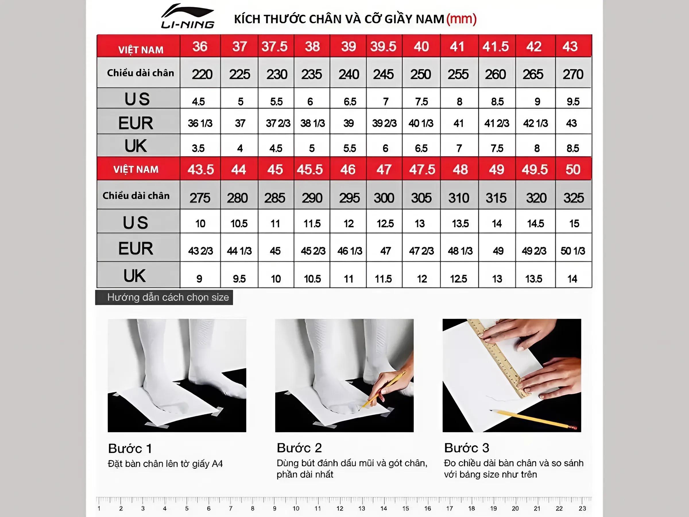 Bí Kíp Đo Size Giày Lining Nam Chuẩn Như Chuyên Gia