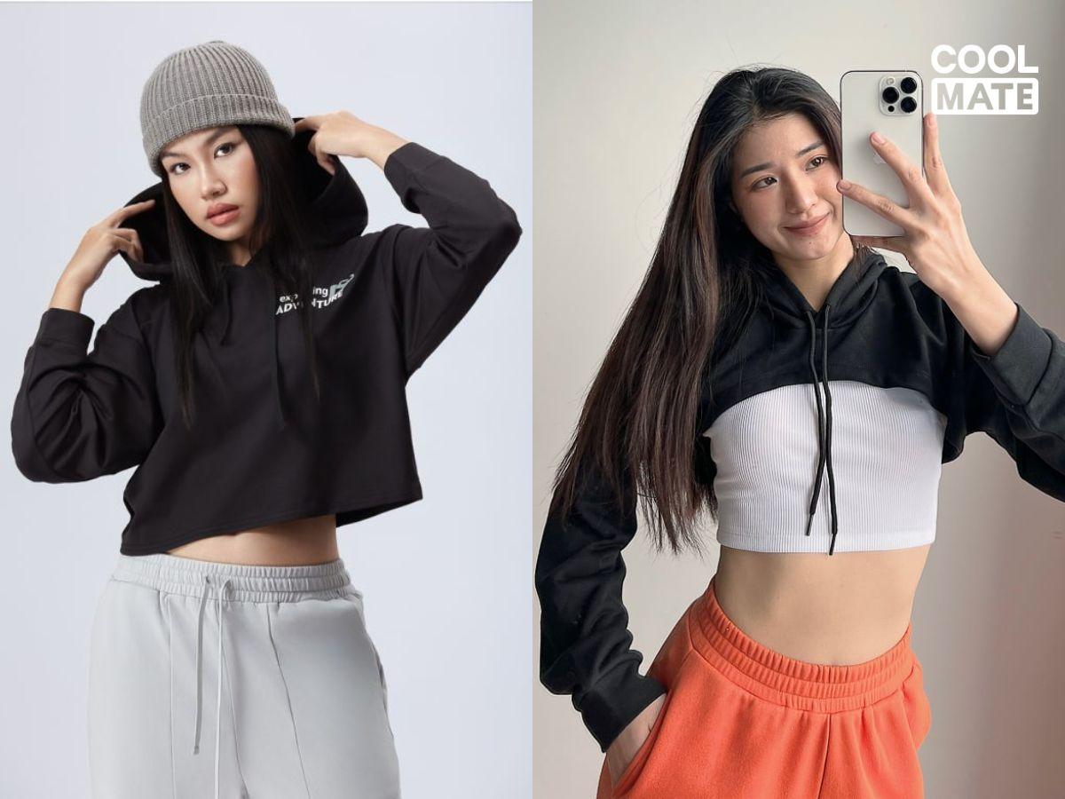 Mặc áo croptop hoodie màu xám, phối cùng quần short biker
