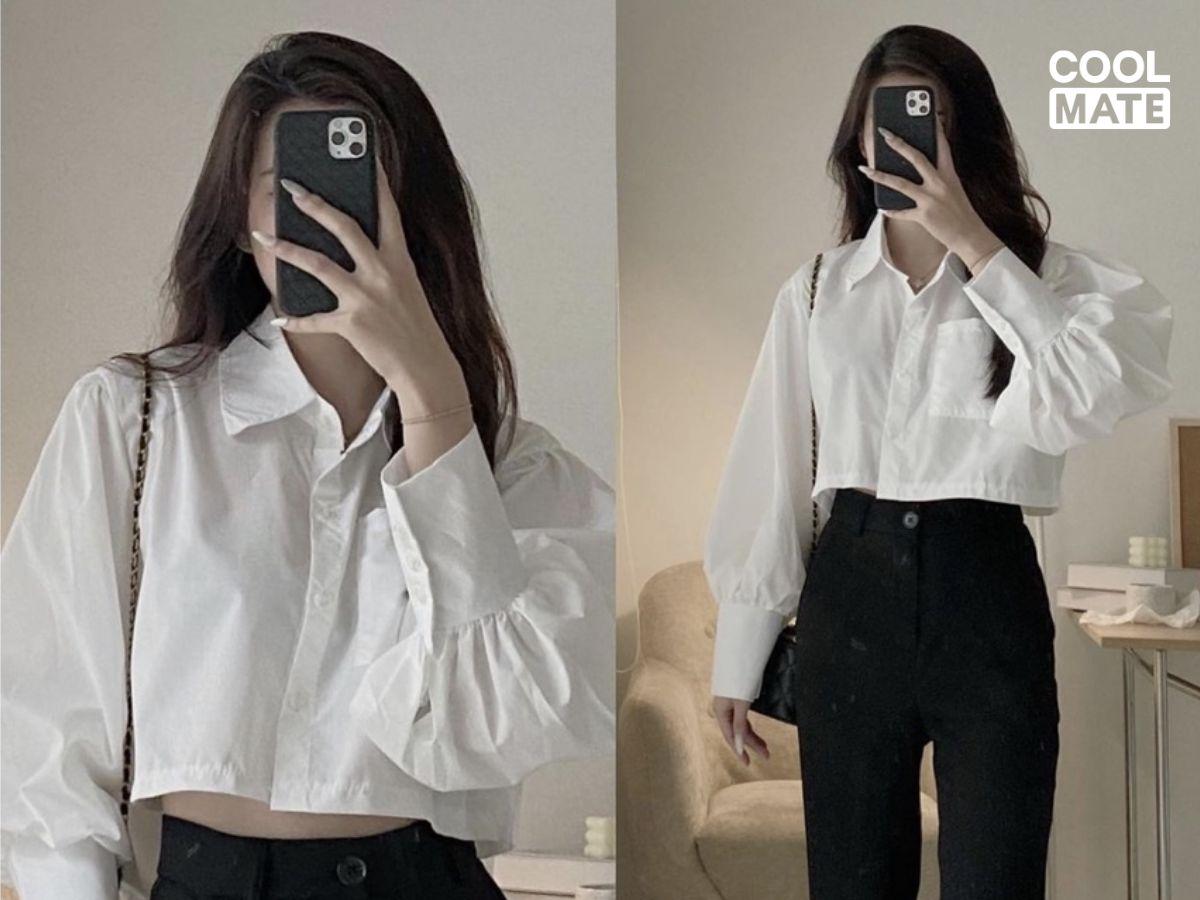 Mặc áo croptop sơ mi trắng buộc vạt, phối cùng quần jeans ống rộng