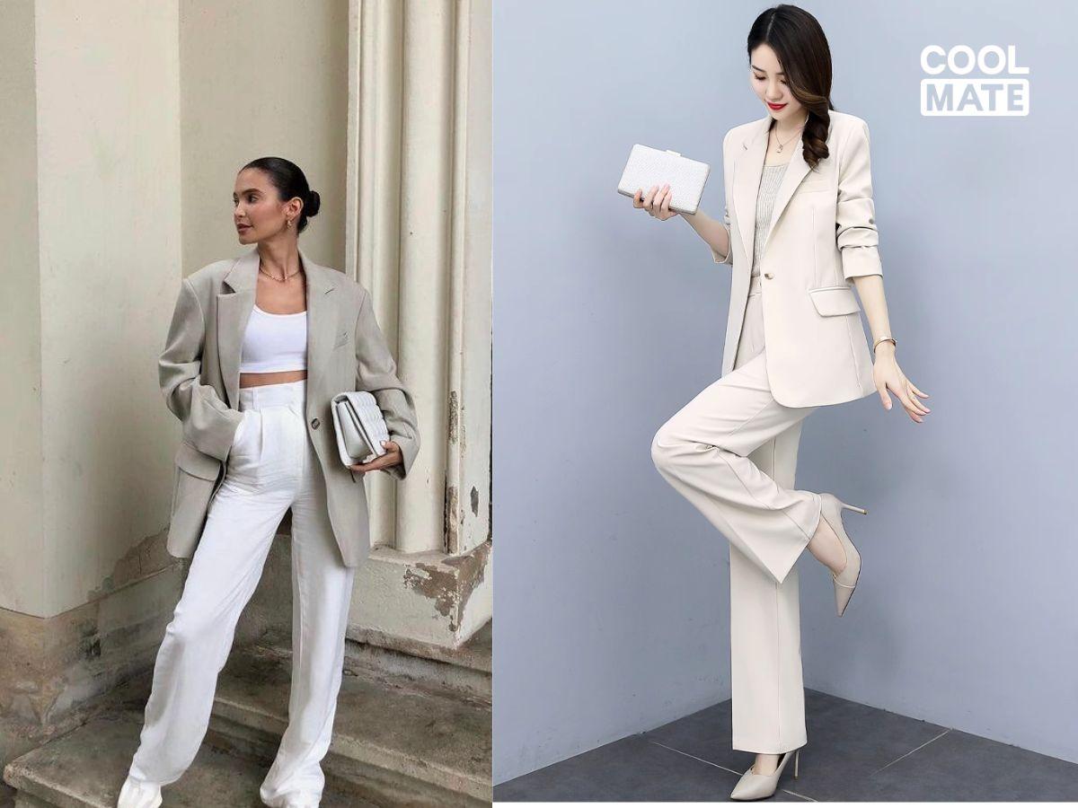 Áo thun trắng phối quần tây ống rộng và blazer chất liệu cao cấp, phong cách thanh lịch, quyền lực