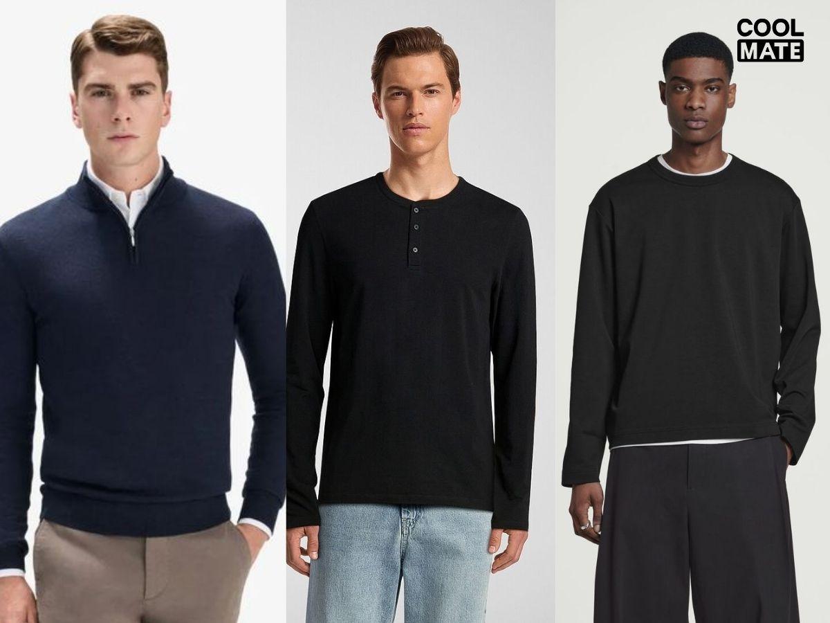 3 kiểu dáng áo thun dài tay nam gồm slim fit, regular fit, oversize