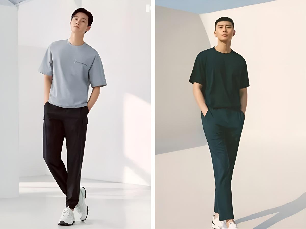 Phối áo thun cổ tròn cao cấp với quần tây và sneaker trắng basic thoải mái