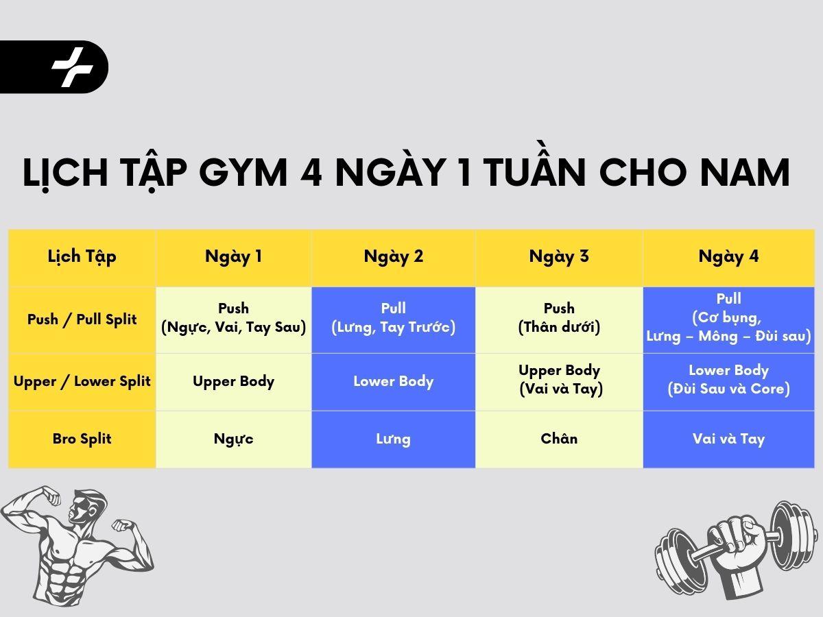 Lịch tập gym 4 ngày 1 tuần cho nam