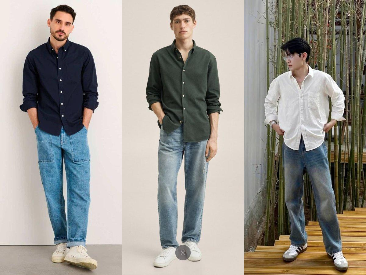 Áo sơ mi trung tính phối quần jeans straight-fit, set đồ quốc dân cho nam