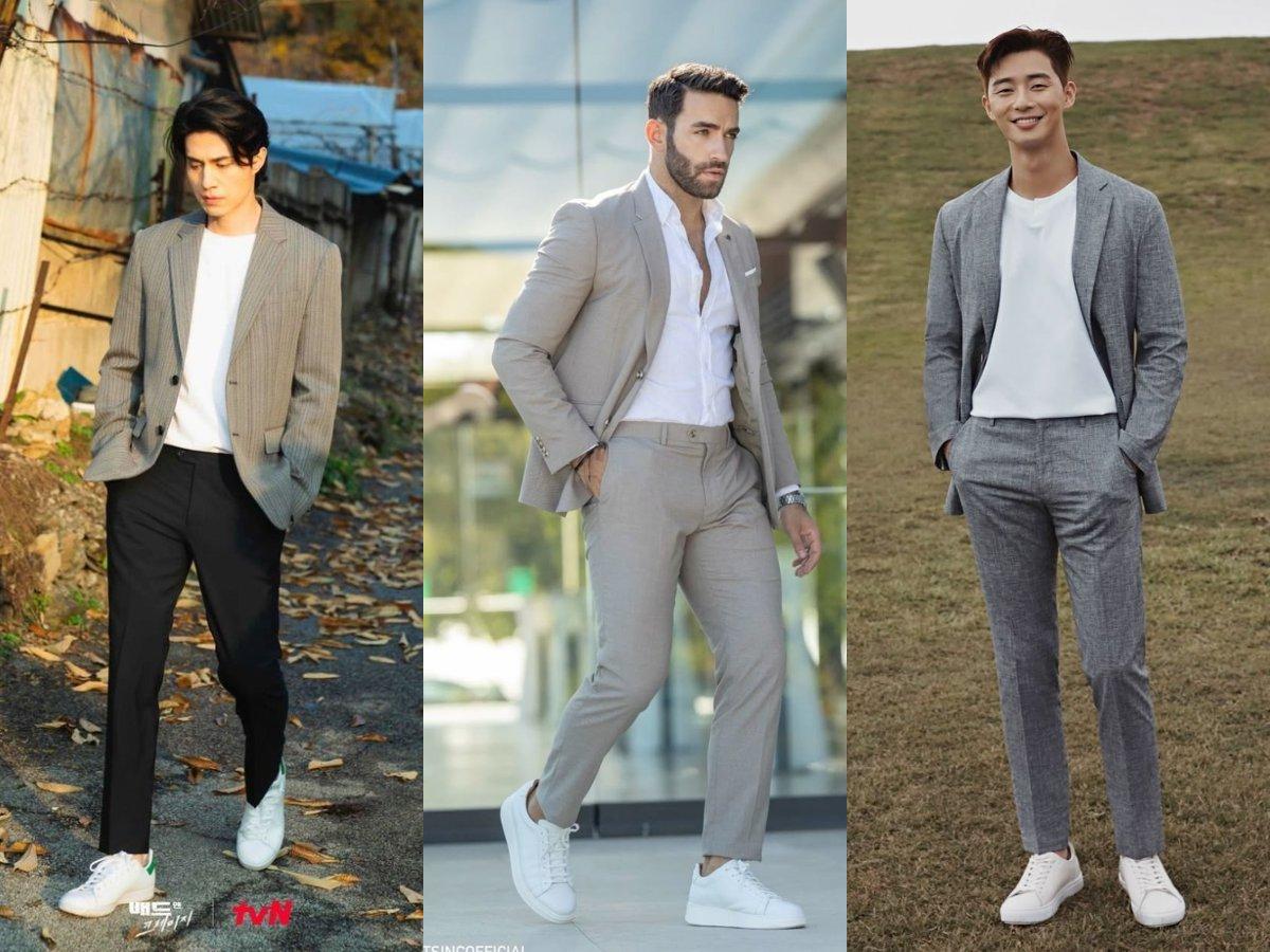 Sơ mi trắng mix suit xám và sneakers trắng, phong cách lịch lãm hiện đại