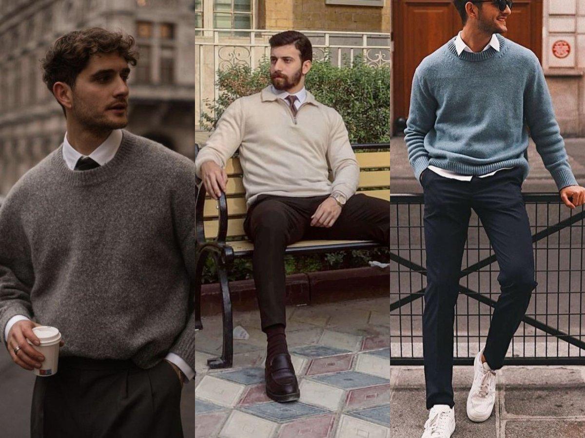 Sơ mi bên trong sweater mỏng phối quần chinos, sành điệu mùa lạnh