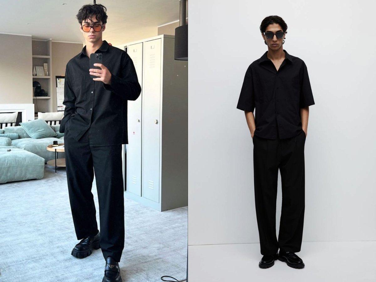 Outfit all-black: sơ mi đen, quần đen và giày cùng tone – tối giản mạnh mẽ