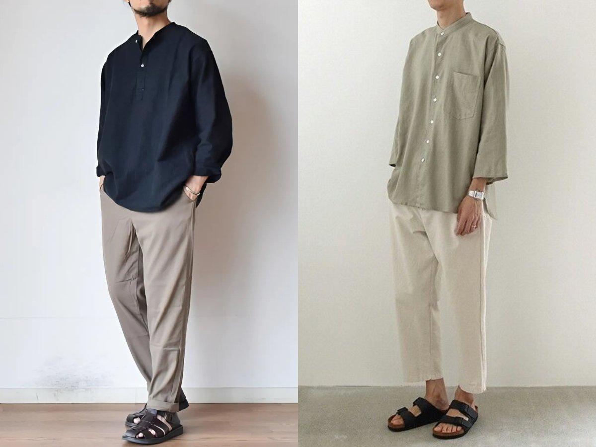 Áo sơ mi cổ tàu mix quần kaki và sandals, tối giản phong cách Nhật