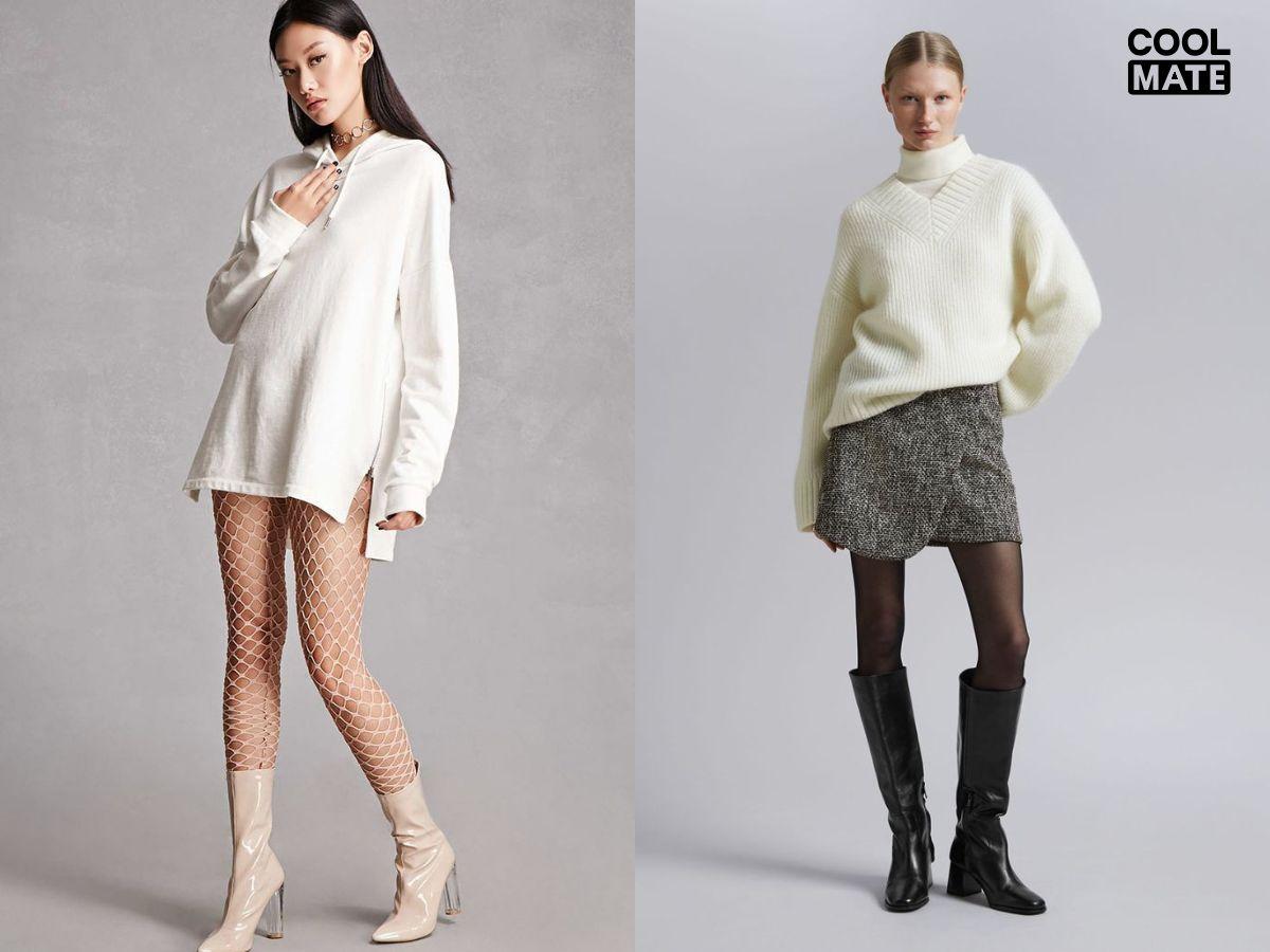 Outfit phối màu hài hòa với tất lưới