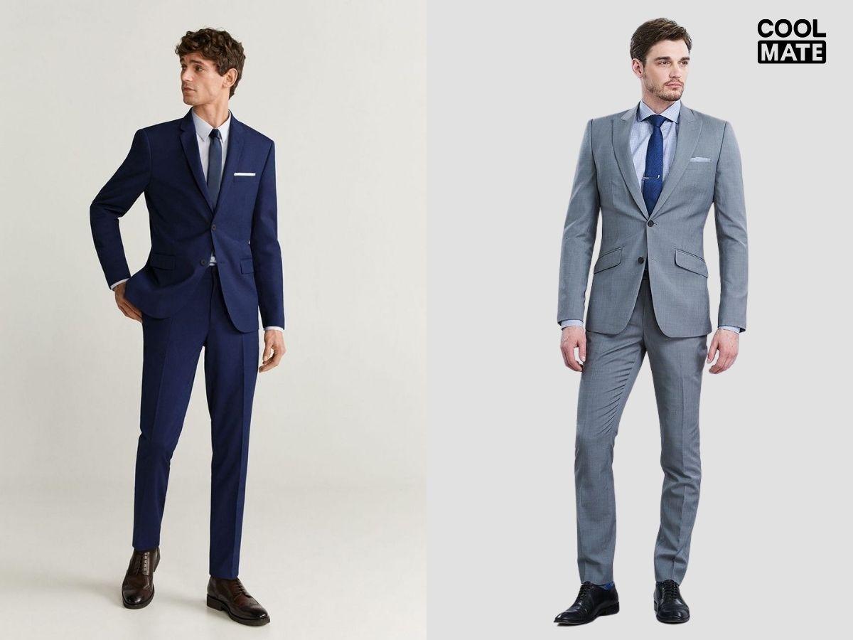 Phối màu áo sơ mi trắng với suit xanh navy và áo sơ mi xanh nhạt với suit xám