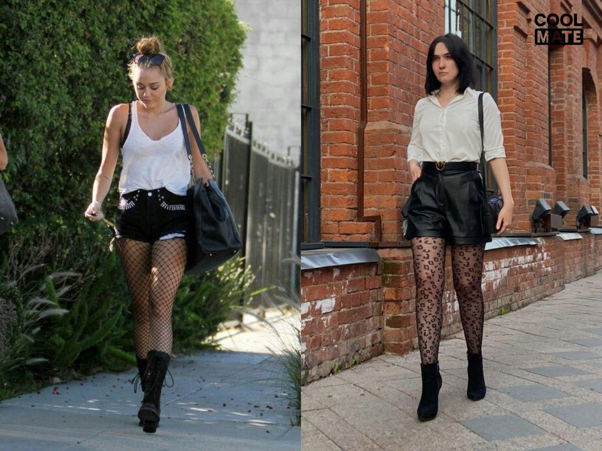 Quần short jean đen và quần shorts da với tất lưới năng động