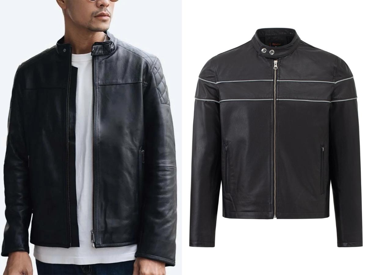 Mẫu áo khoác da nam Cafe Racer màu nâu, thiết kế tối giản, cổ trụ đứng