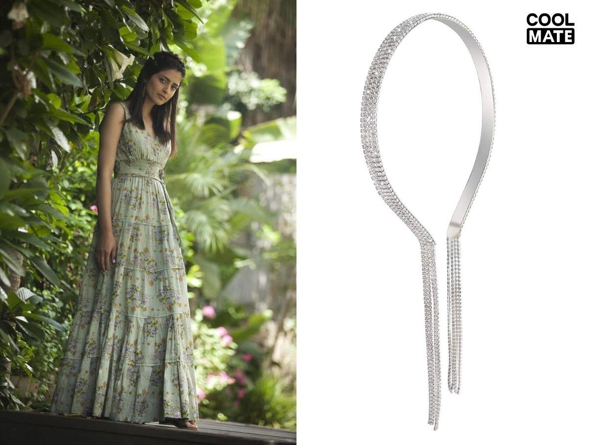 Váy maxi họa tiết bohemian phối băng đô dạng dây có chi tiết tua rua