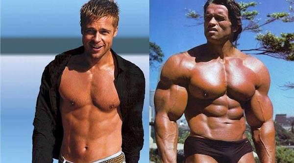 So sánh thân hình Brad Pitt và Arnold Schwarzenegger