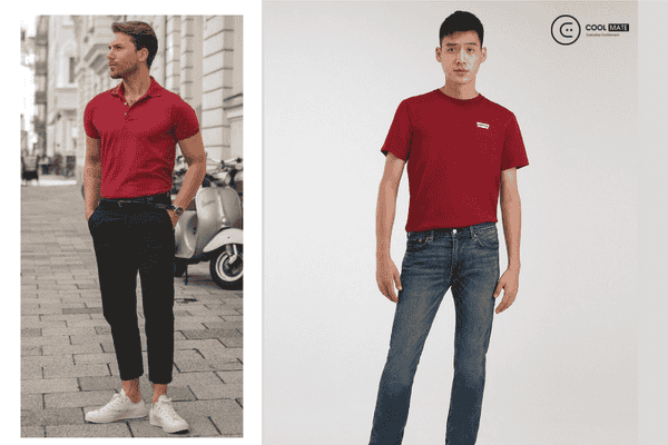Áo thun đỏ phối quần jean đen: phong cách lịch lãm