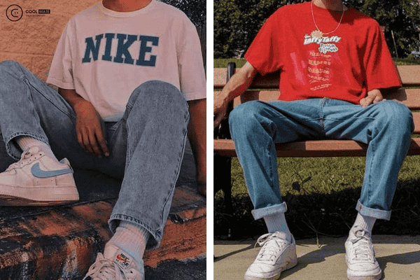 Phối đồ nam phong cách thập niên 90s với áo thun logo và quần jeans