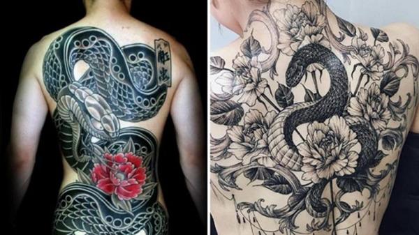 Hình xăm rắn trên lưng mang tính nghệ thuật cao, thường là hổ mang nhe nanh hoặc kết hợp với các chủ đề, hoa văn khác.