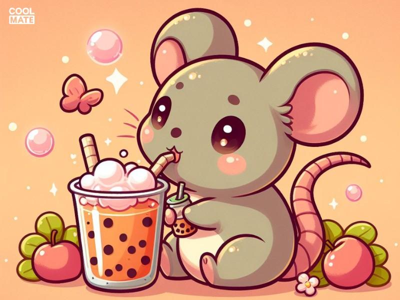 Áo lớp hình con chuột uống trà sữa