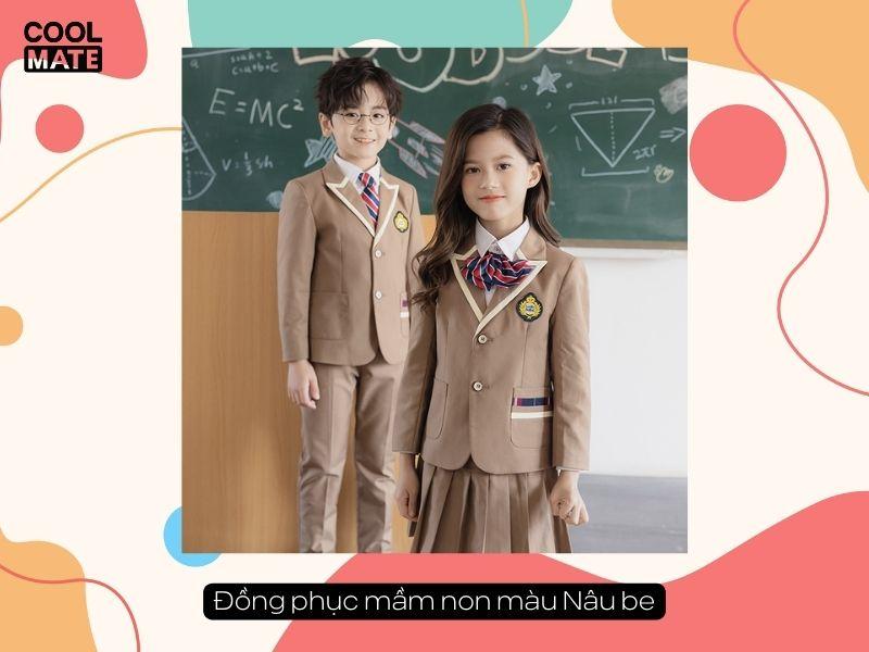 Đồng phục mầm non màu nâu be hiện đại và thời trang