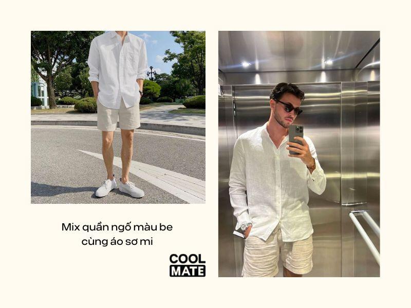Quần ngốmàu be cùng áo sơ mi
