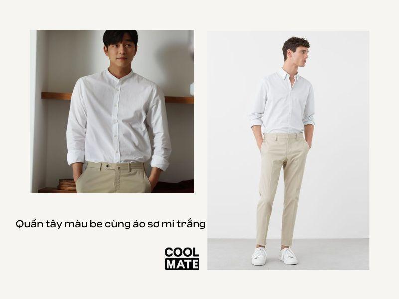 Quần tây màu be cùng áo sơ mi trắng