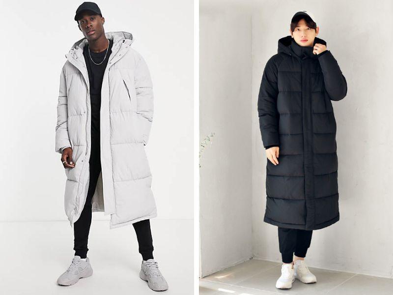 Áo phao nam dáng dài màu sáng phối cùng quần jogger và sneaker