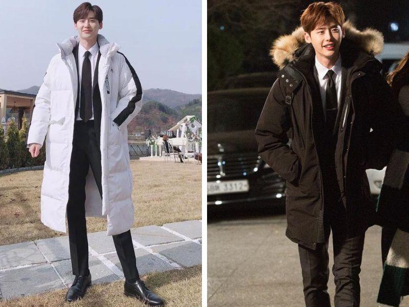 Áo phao dáng dài Hàn Quốc nam kết hợp với suit/vest