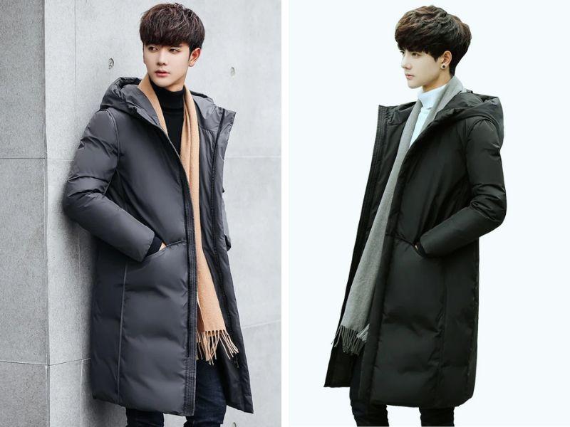 Phối áo phao nam dáng dài Hàn Quốc với áo len cổ lọ
