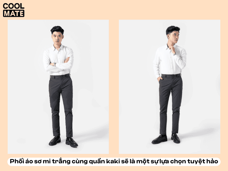 Hình ảnh minh họa cho áo sơ mi trắng kết hợp với quần kaki