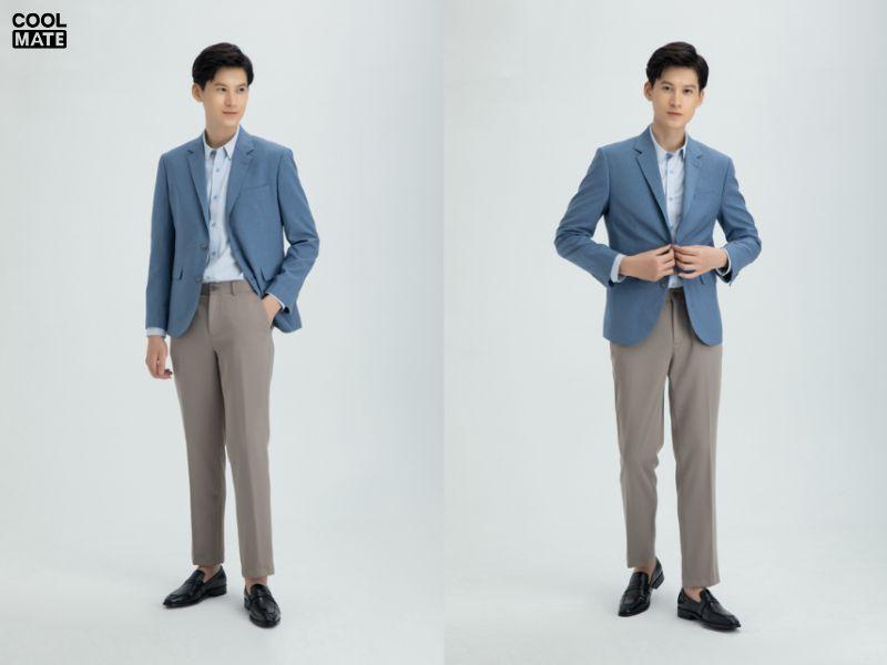Áo sơ mi xanh dương phối áo vest