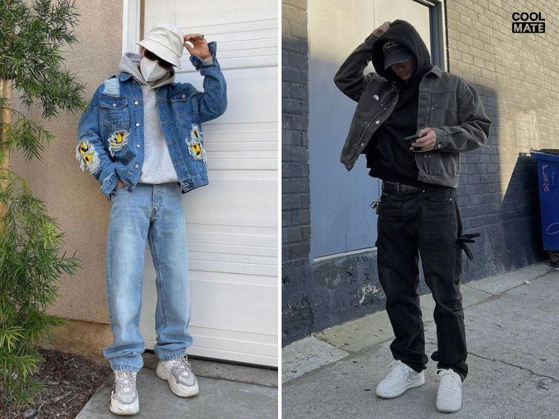 Phối hoodie với áo khoác jean cùng quần jeans ống rộng