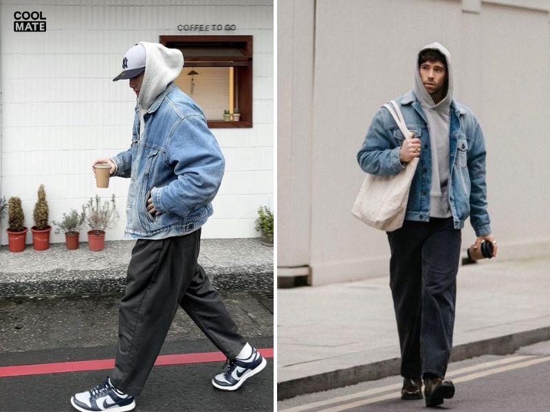 Phối hoodie với áo khoác jean và quần ống rộng