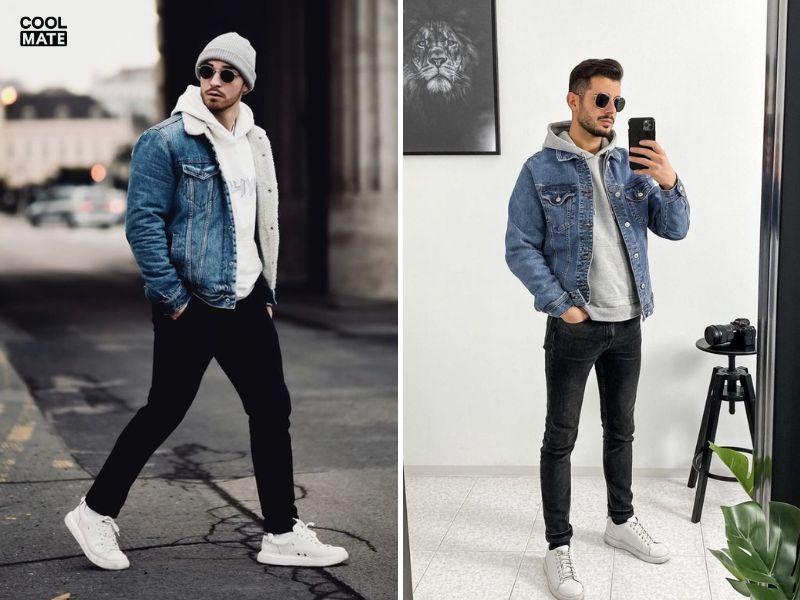 Phối hoodie với áo khoác jean cùng quần jeans skinny
