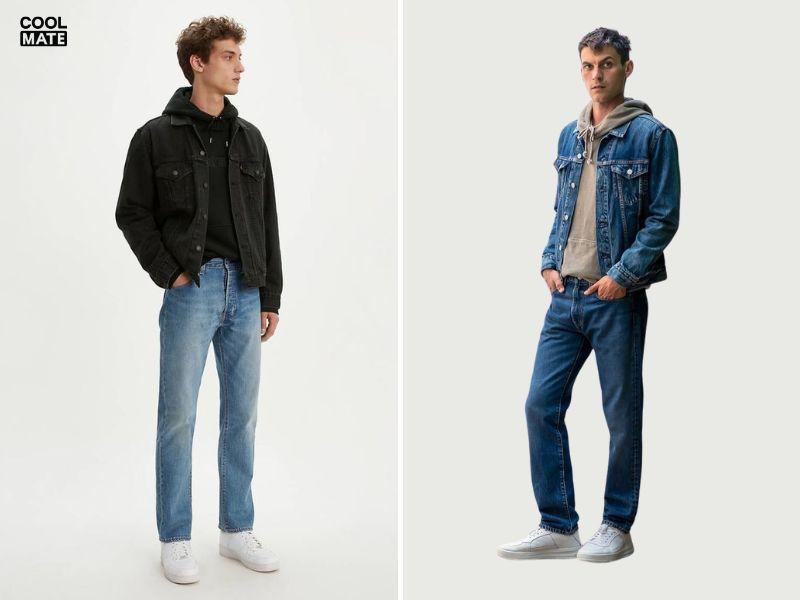 Phối hoodie với áo khoác jean cùng quần jeans dáng straight