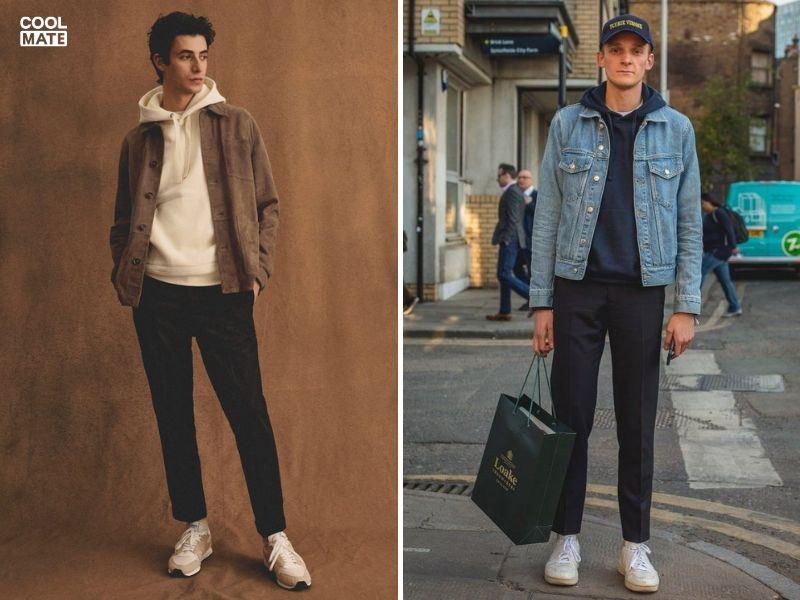 Phối hoodie với áo khoác jean và quần tây