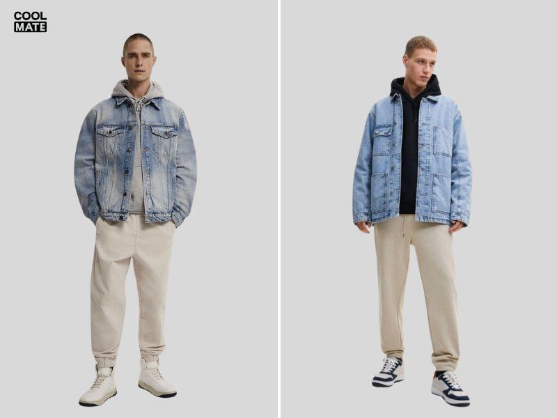 Phối hoodie với áo khoác jean cùng quần jogger