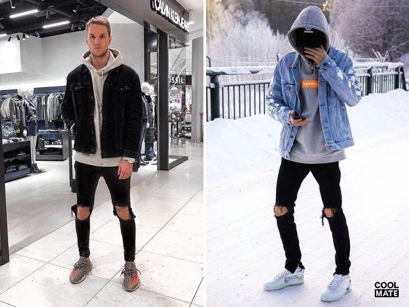 Phối hoodie với áo khoác jean cùng quần jeans rách