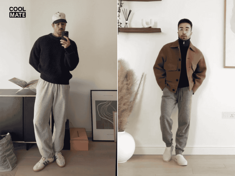 Phối áo len cổ lọ nam với quần jogger