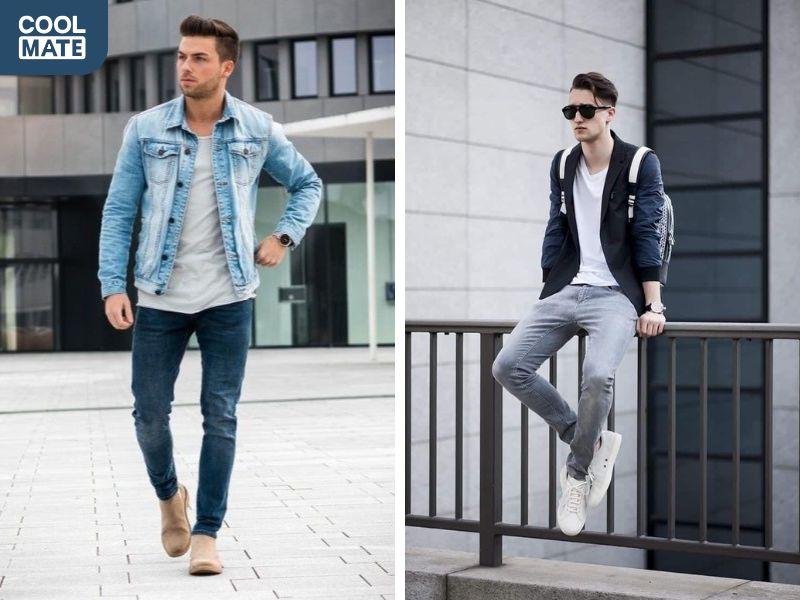 Áo gió nam phối với quần jeans và áo thun 